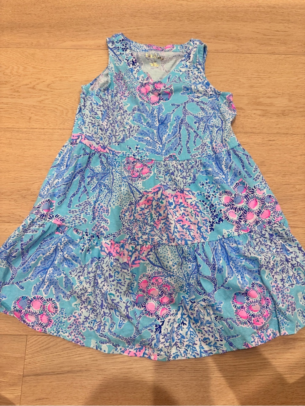 Lilly Pulitzer Aqua Floral Tiered Girls' Dress with Pink Accents